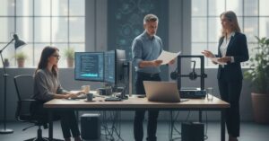 Profissionais trabalhando em ambiente moderno para ilustrar o que é "Hard Skills"