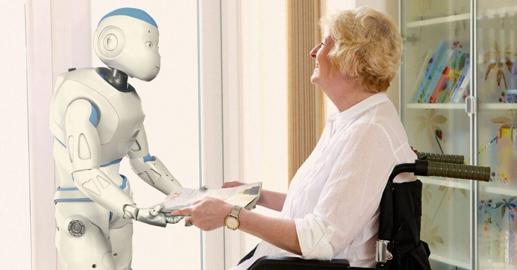 Robôs cuidadores auxiliando idosa em cadeira de rodas dentro de casa no Japão.