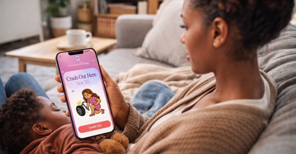 App de apoio emocional exibido no celular de uma mãe solo em rotina cotidiana
