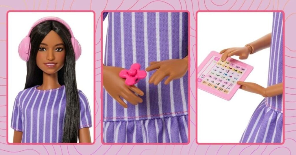 barbie autista com acessórios sensoriais como fones antirruído, fidget spinner e tablet de comunicação alternativa