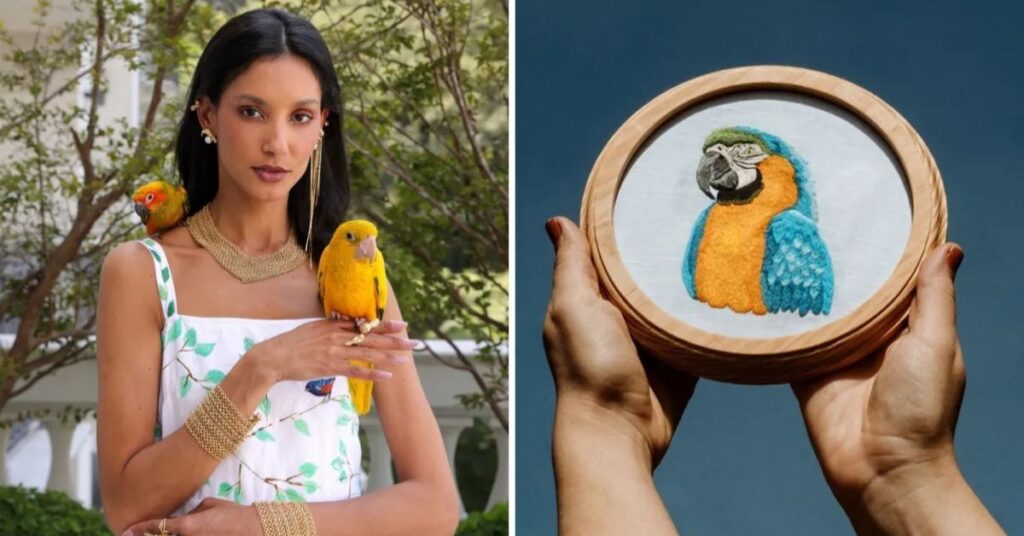 Bordados de artesãs brasileiras com pássaro da Mata Atlântica em criação apresentada na alta-costura de Paris