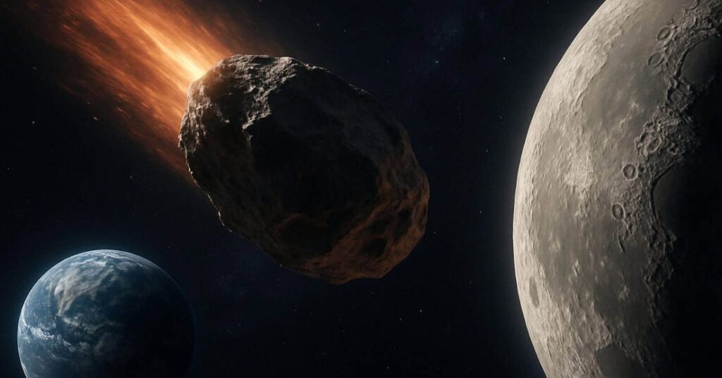 impacto de asteroide na Lua com aproximação da Terra ao fundo