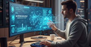 Profissional atua como engenheiro de IA, analisando dados e desenvolvendo sistemas inteligentes, representando uma das profissões em alta para 2026 no mercado de trabalho brasileiro.