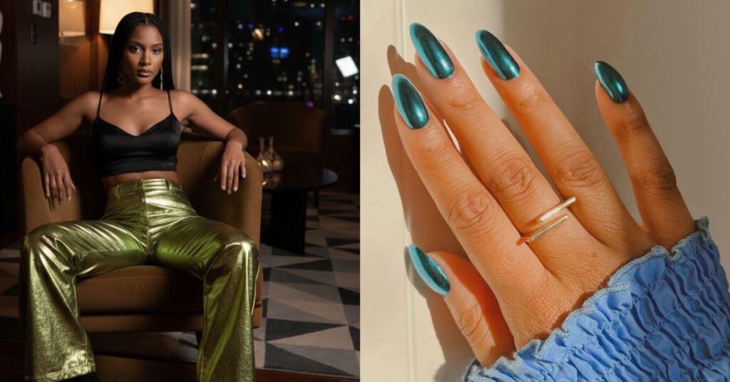 Tendências de cores para 2026: mulher usando calça metálica verde e unhas com esmalte azul elétrico