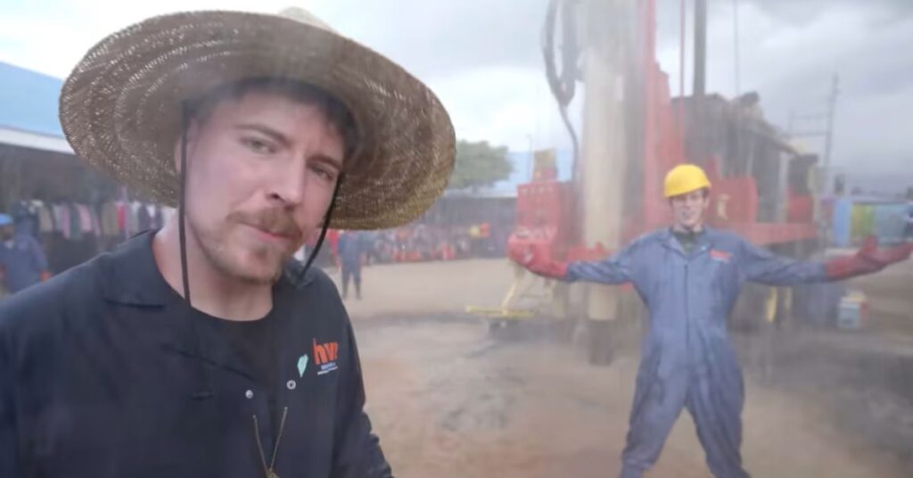 A filantropia de MrBeast durante a construção de poços de água em comunidades africanas.